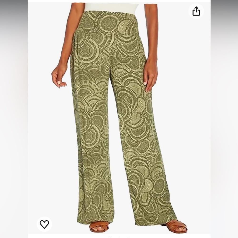 Three Dots Sage Green Geometric Print Wide Leg Pull On Pants